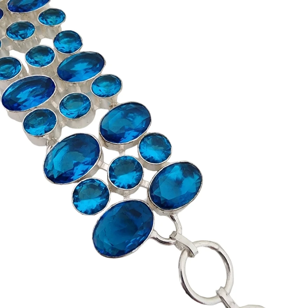 Silver bracelet faceted glass chunky bracelet blue topaz color Q02